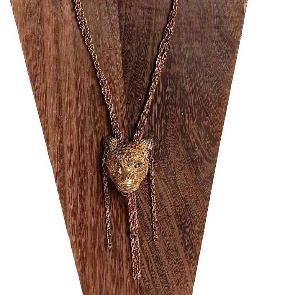 Large Gold Bolo Necklace Crown Trifari Leopard Pendant Tassel Cheetah Tiger 1960